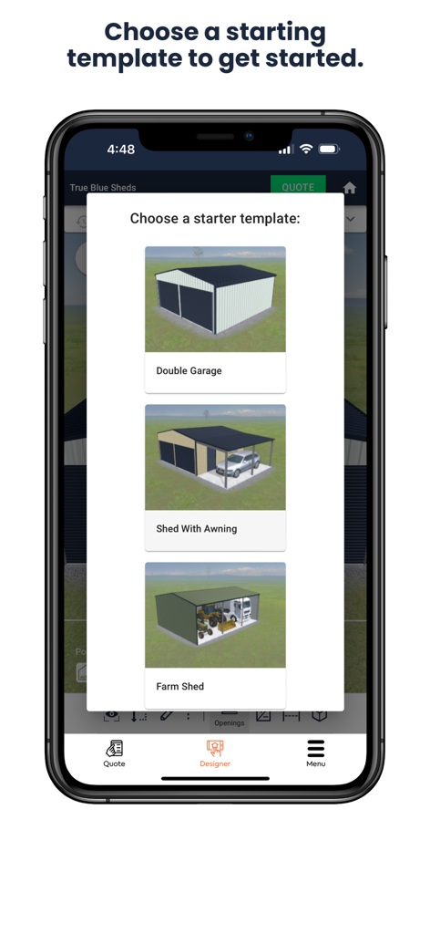 True Blue Sheds, Shed Designer - Bildschirm einer Schuppen-Designer-App mit Startvorlagen für Doppelgaragen, Schuppen mit Überdachungen und Bauernhofschuppen