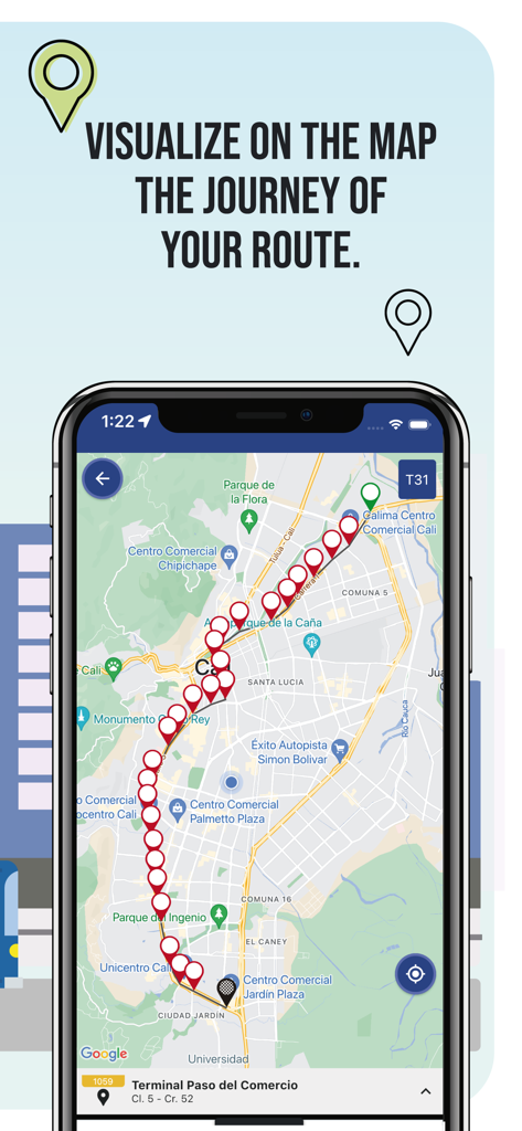 Smartphone displaying a MIO bus route journey on a map of Cali Colombia