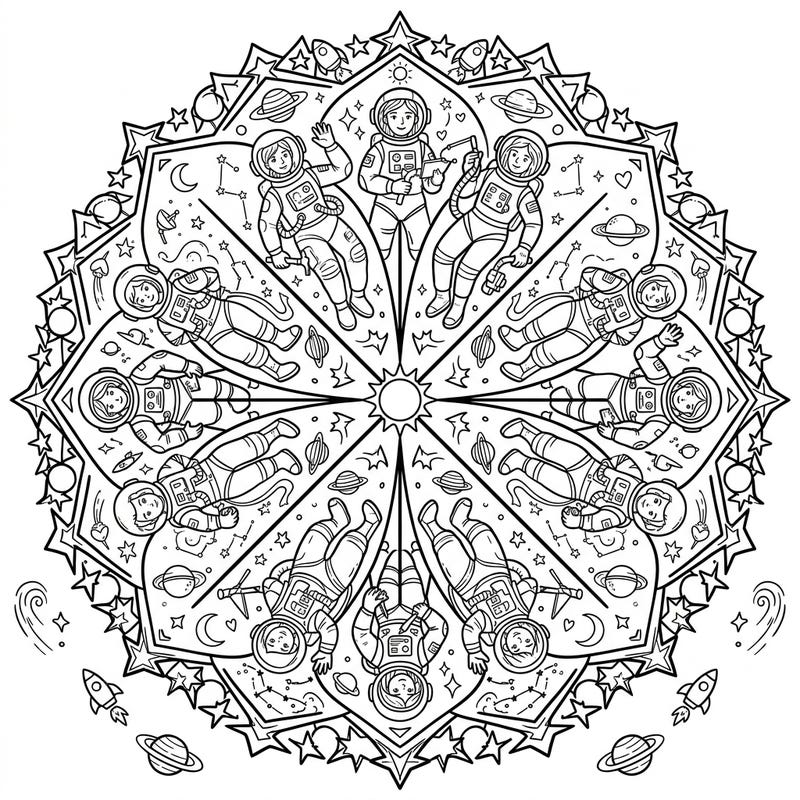 Blast off into a world of creativity with this empowering Female Astronauts Mandala coloring page. Discover intricate designs featuring pioneering women exploring the cosmos, perfect for inspiring young minds and adults alike.