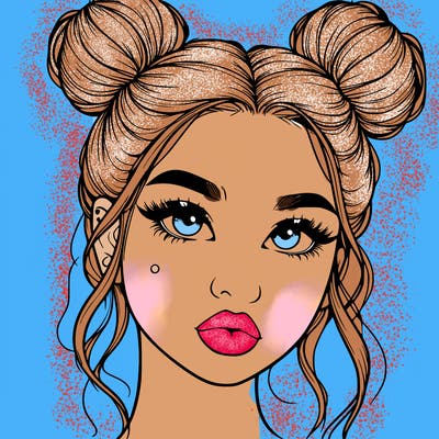 realistic girl with two buns on her hair and lips