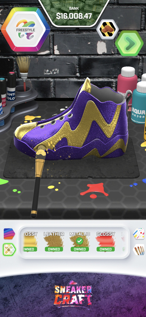 Sneaker Craft - DIY Shoe Art - A player using a brush to apply gold metallic paint to a purple sneaker in the Sneaker Craft mobile app.