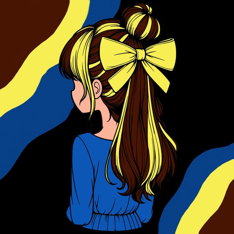realistic girl  with hip length hair a bun and a big bow on the back of head
