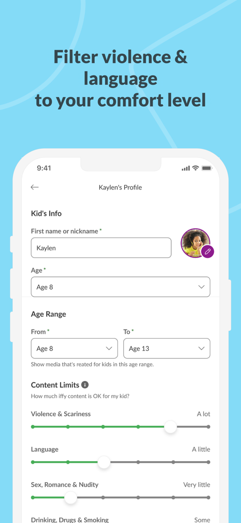 Common Sense Media - A smartphone screen showing the Common Sense Media app with parental controls and content limit filters for a child profile