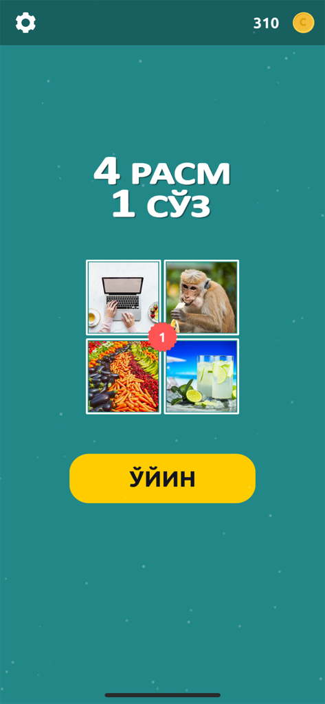 4 Rasm 1 So'z - Hauptmenü der usbekischen Worträtsel-App 4 Rasm 1 So'z mit vier Bildern und einem gelben Wiedergabebutton