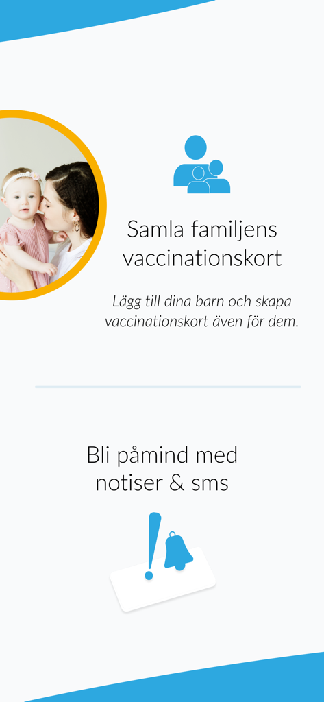 Svea Vaccin - Interfaz de la aplicación Svea Vaccin que muestra la gestión de tarjetas de vacunación familiar y recordatorios de notificación