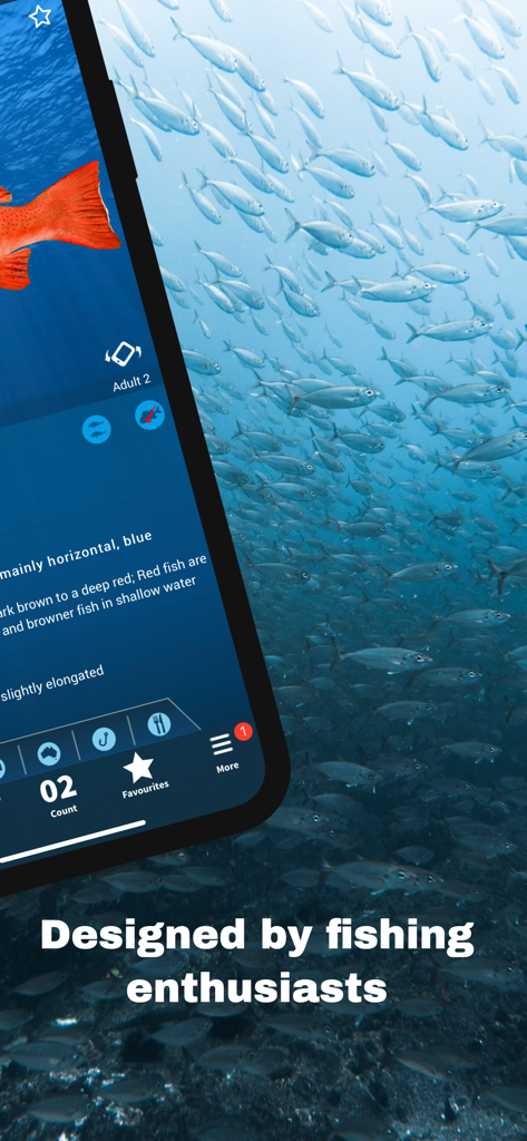 iDfish - iDfish app screen showing detailed fish species information and identification tools over an underwater background