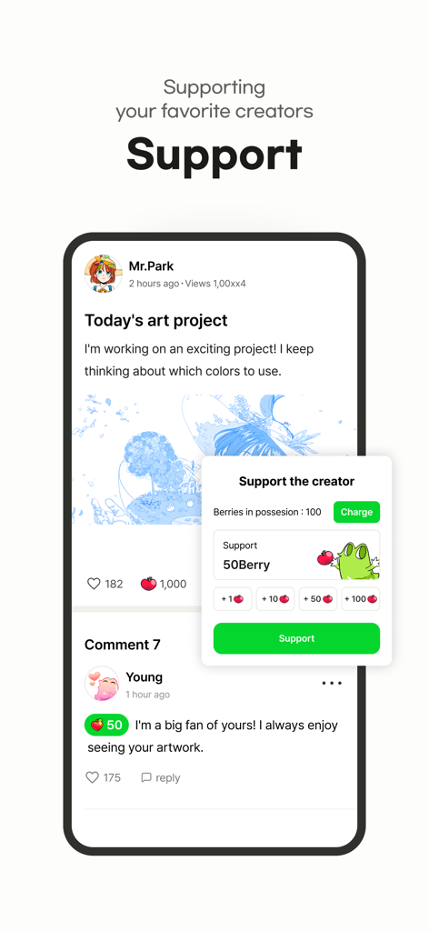 SHOULDER:Webtoon, Illust & Fan - Una interfaz móvil de la aplicación SHOULDER que muestra una publicación de un creador y un menú emergente para que los fans los apoyen usando bayas digitales.
