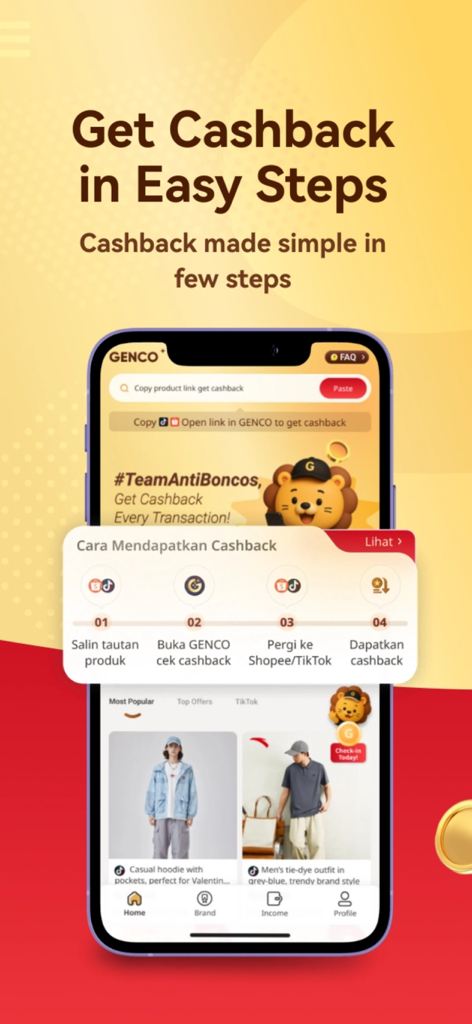 Genco - A mobile interface showing four simple steps to earn cashback on social commerce platforms like TikTok and Shopee using the Genco app