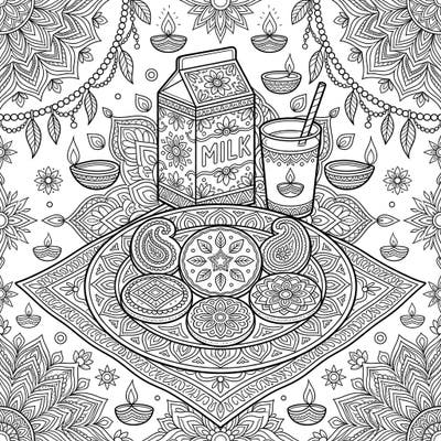 Discover a magical fusion of traditions with this unique coloring page, blending 'Cookies for Santa' with the rich, symmetrical beauty of Diwali. This intricate design offers a delightful and relaxing artistic journey for colorists of all ages.