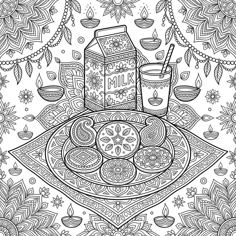 Discover a magical fusion of traditions with this unique coloring page, blending 'Cookies for Santa' with the rich, symmetrical beauty of Diwali. This intricate design offers a delightful and relaxing artistic journey for colorists of all ages.