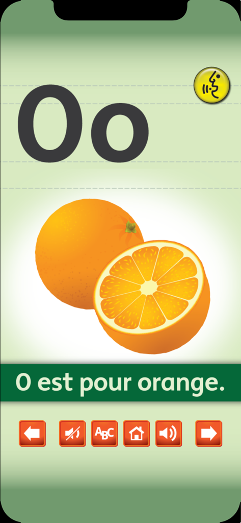 Flashcard digitale francese per la lettera O che mostra un'illustrazione di un'arancia e il testo O est pour orange