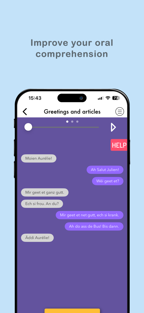 Aureluxアプリのインターフェース。口頭理解と会話練習のためのルクセンブルク語の会話が表示されています。