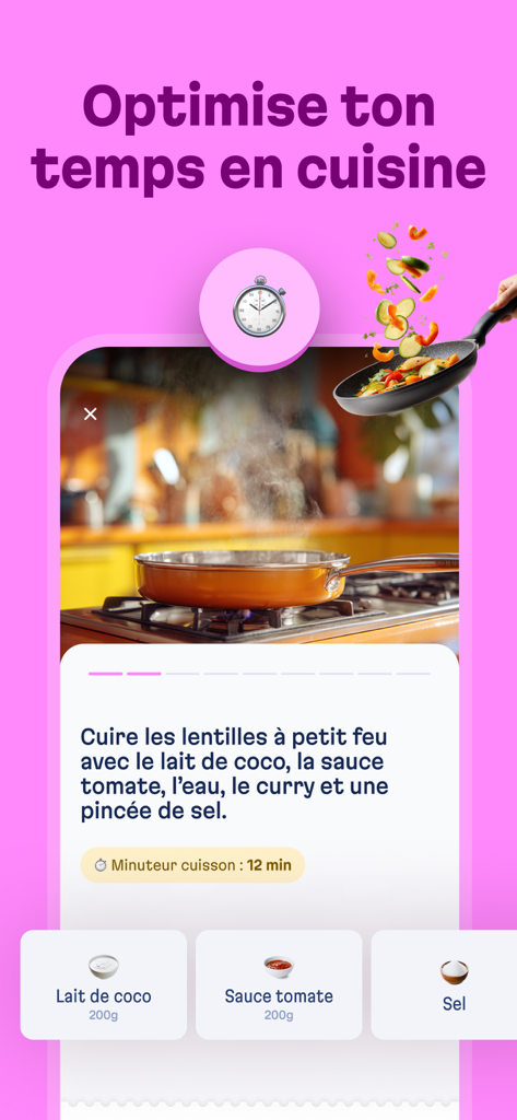 Basta Batchcooking app interface showing recipe instructions and a cooking timer.