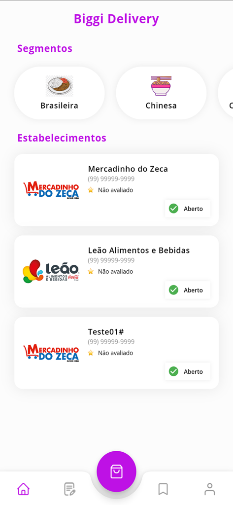 Biggi Delivery - Pantalla de inicio de la aplicación Biggi Delivery mostrando categorías de comida local y listados de establecimientos.