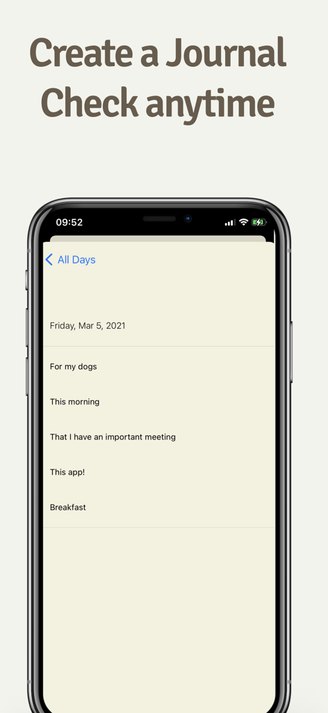 Life in Five: 5 min Journal - Captura de pantalla de una entrada de diario diaria en la aplicación Life in Five que muestra notas breves para una fecha específica