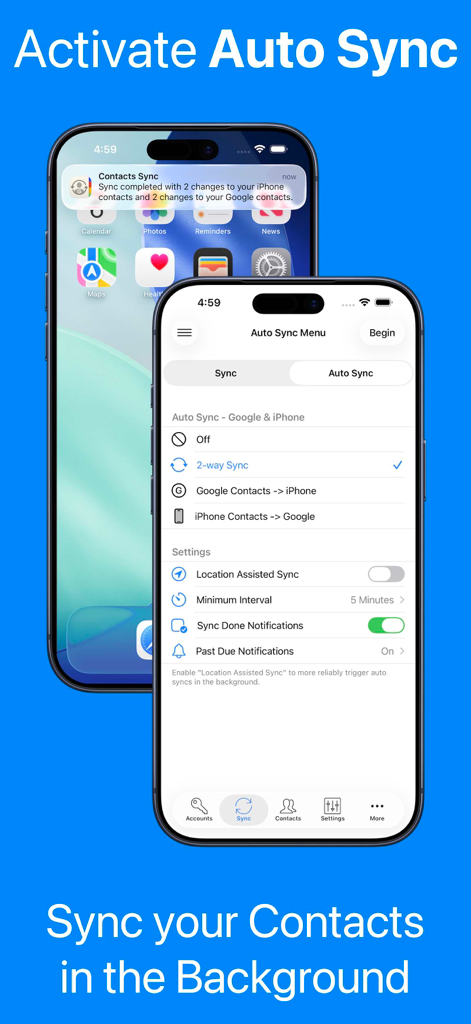 Screenshot of the Contacts Sync app showing auto sync settings and a background sync notification on an iPhone.