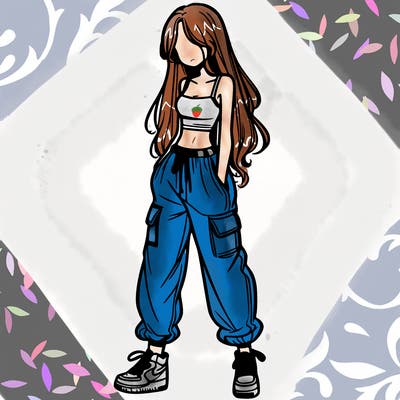 girl in baggy pants crop top and long hair