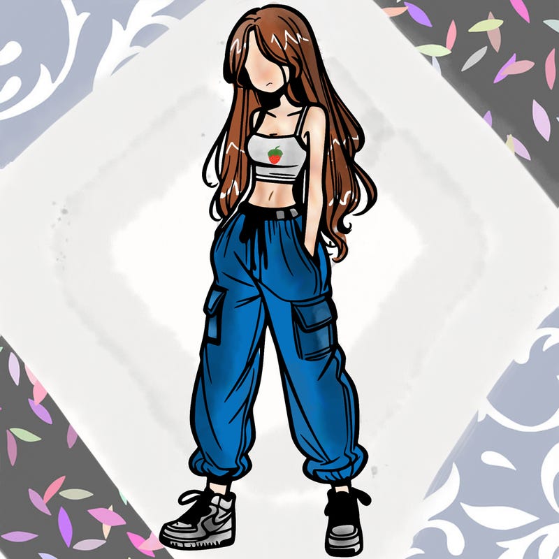 girl in baggy pants crop top and long hair