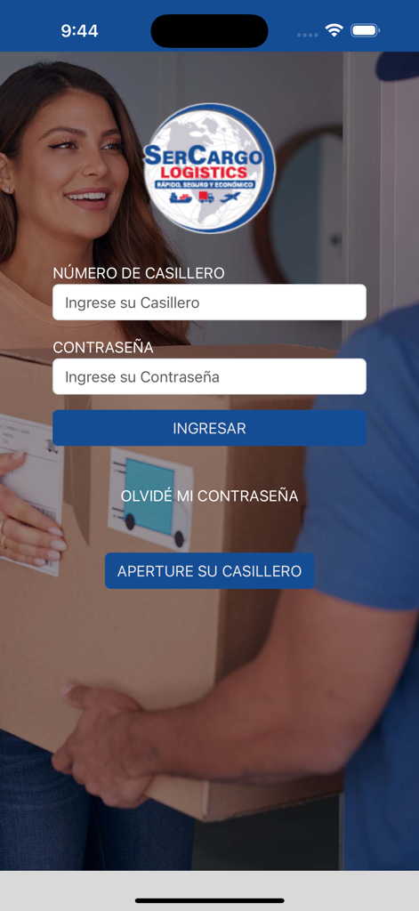 SerCargo Logistics - Login screen for the SerCargo Logistics app featuring fields for locker number and password in Spanish.