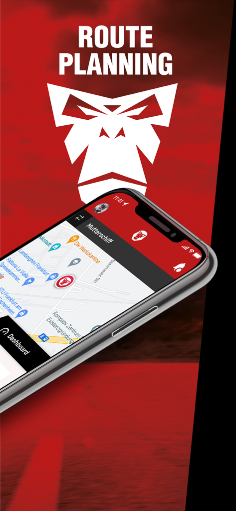 Aplicación móvil RideLink Connect mostrando la función de planificación de rutas y navegación de mapas en la pantalla de un smartphone.