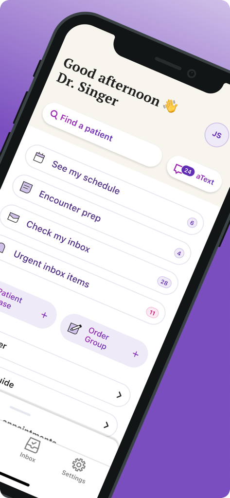 athenaOne - athenaOne mobile app dashboard for healthcare providers showing patient schedule and clinical inbox items