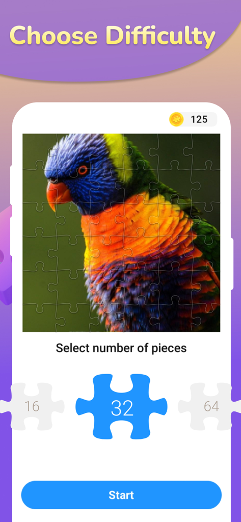 Difficulty selection screen in a jigsaw puzzle app showing a colorful parrot and piece count options