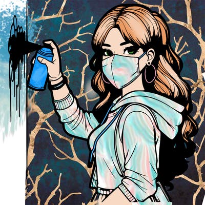 realistic girl with mask spray painting a wall