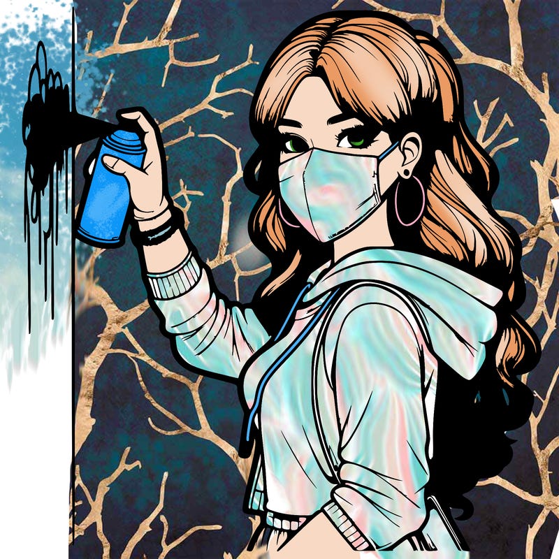 realistic girl with mask spray painting a wall