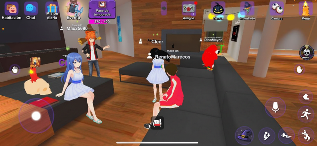 Anime style avatars socializing and hanging out in a virtual modern living room setting