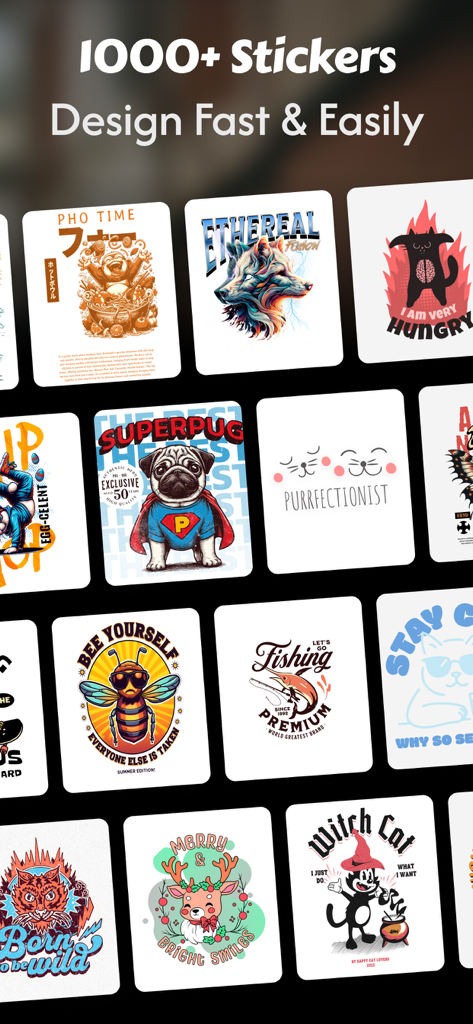 A library of diverse graphic stickers and design templates for custom t-shirts and hoodies