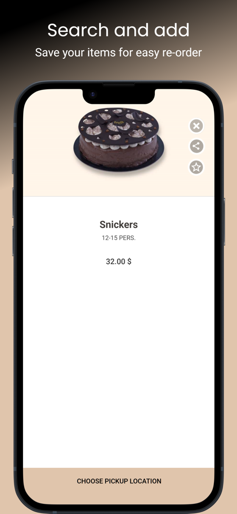 Interfaz de la app Pain Dor mostrando un pastel Snickers con precio y selección de recogida.