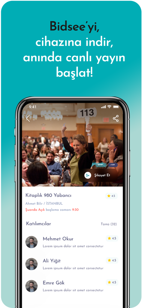 Bidsee - Online Auction - A mobile phone displaying the Bidsee app live auction interface with a list of active bidders