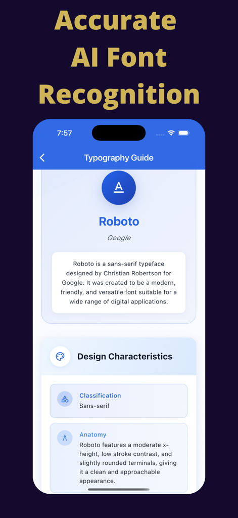 Font Identifier: AI Scan - Benutzeroberfläche der Font Identifier App, die einen Typografie-Leitfaden für die Roboto-Schriftart mit Designmerkmalen und Klassifizierung anzeigt.