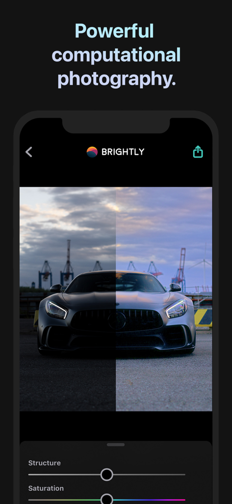 A before and after side by side comparison of a dark car photo being brightened with the Brightly app editing tools