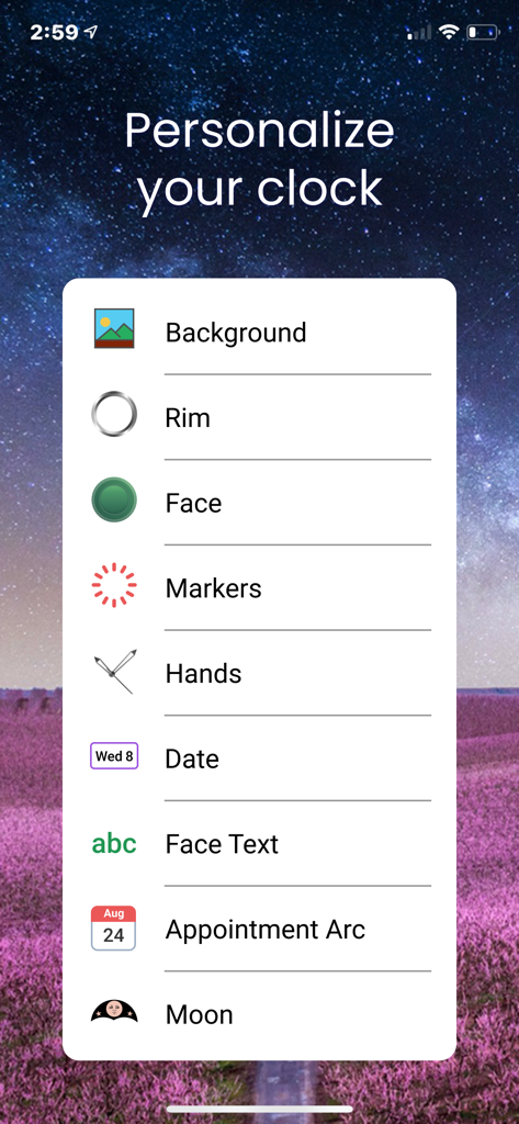 Cloki – Clock Widget - Personalize menu in the Cloki app showing customization options for clock background, rim, face, markers, and hands