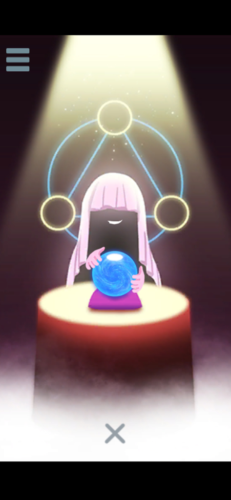 escape game: Maze MIST - A mysterious character with pink hair holding a glowing blue orb under a spotlight in Maze MIST