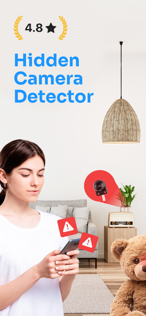 Hidden Camera Detector - CamX - A woman using the Hidden Camera Detector app on her phone to find a hidden camera in a living room plant