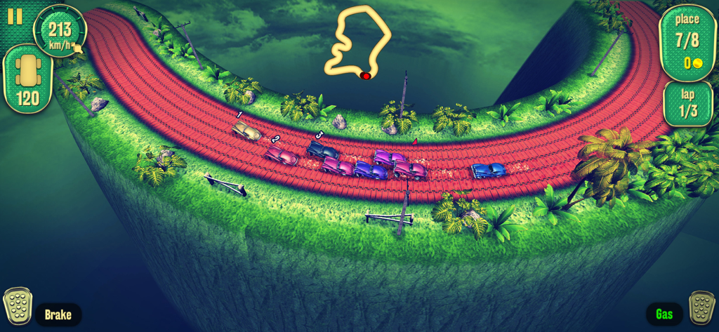 Top down view of vintage cars racing on a high cliff track in Vertigo Racing