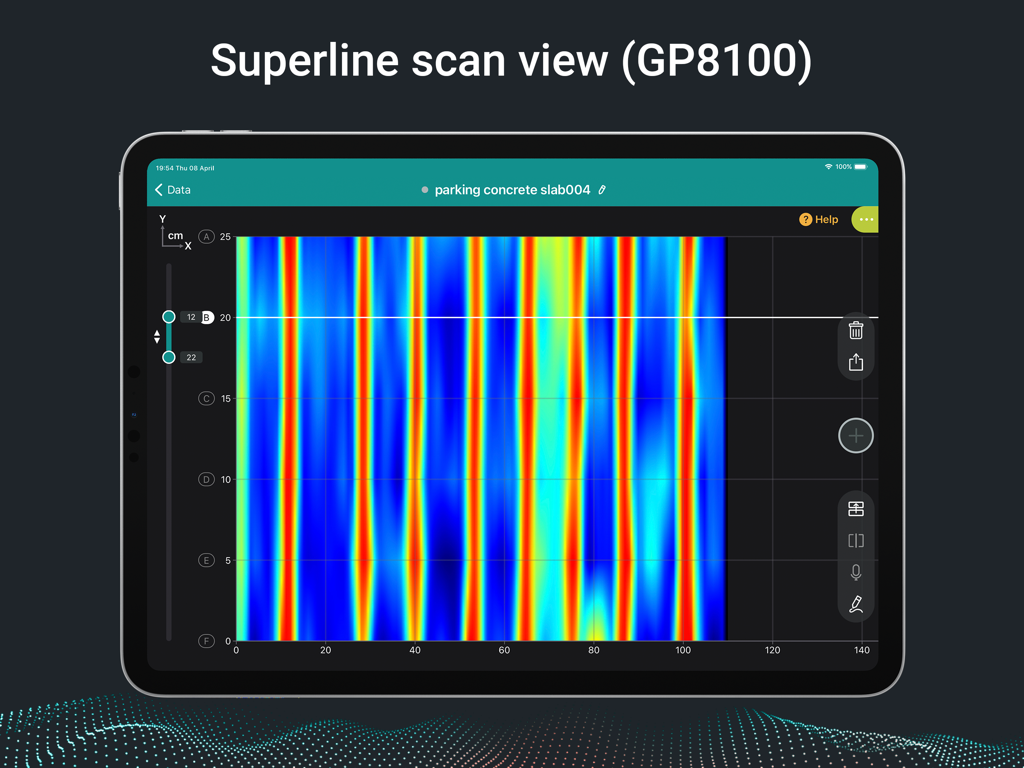 Proceq GPR 앱이 iPad에서 주차장 콘크리트 슬래브의 슈퍼라인 스캔 보기를 표시하고 있습니다.