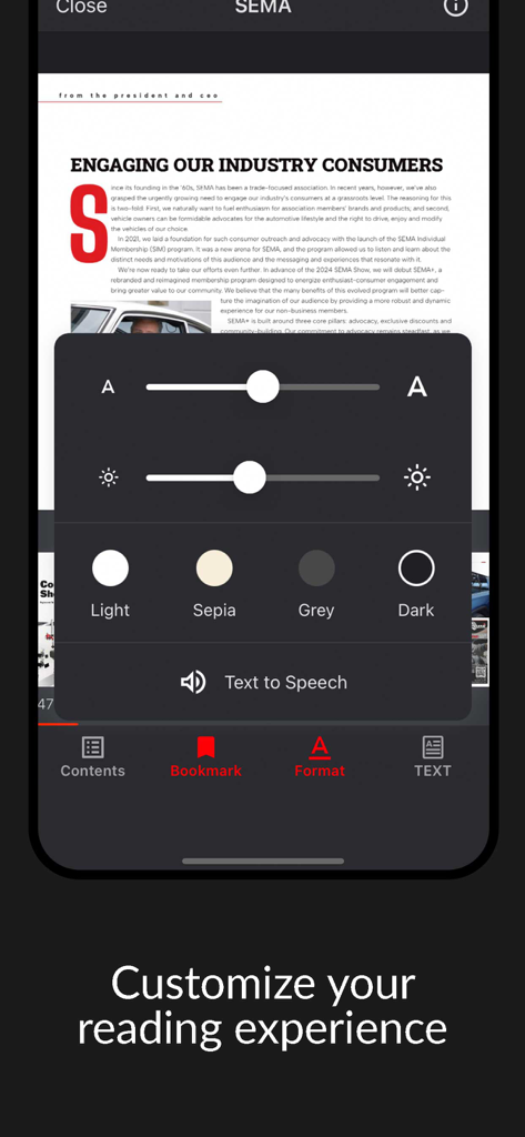 SEMA Magazine - Interface showing reading customization settings in the SEMA Magazine app including text size brightness and color themes