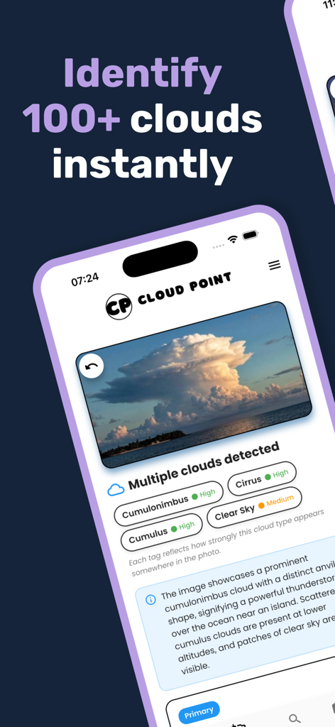 Cloud Point: Cloud Identifier - Interface of the Cloud Point app identifying multiple cloud types from a sky photo