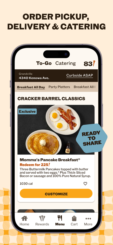 Mobile screen of the Cracker Barrel app showing the Mommas Pancake Breakfast menu item and ordering options