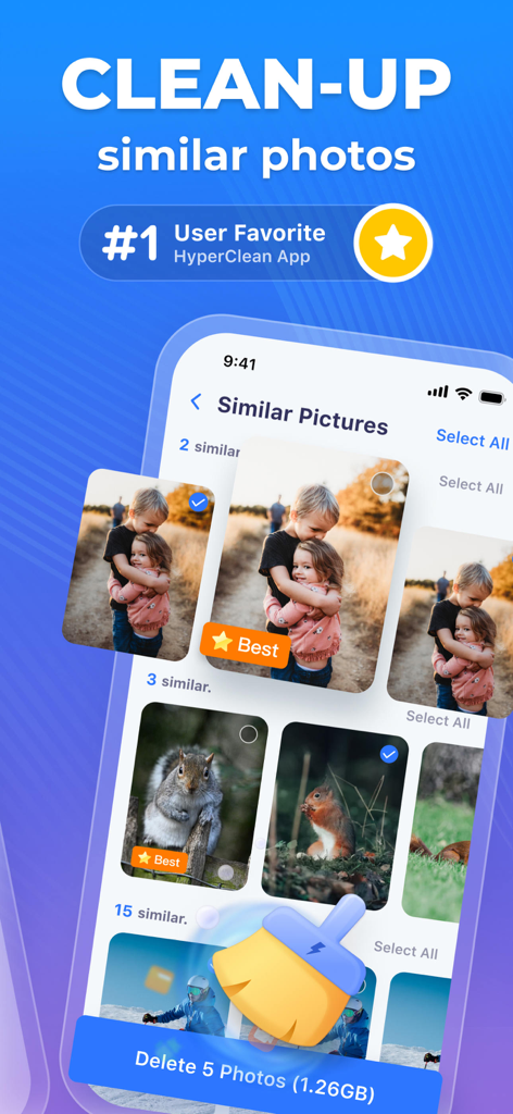 HyperClean - Phone Cleaner - Interfaz de la aplicación HyperClean mostrando la función de limpieza de fotos similares con fotos de niños y ardillas