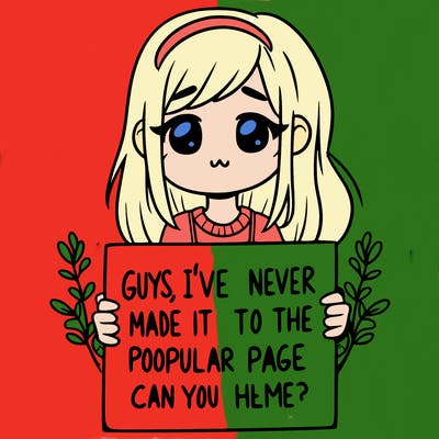 a girl holding up a sign that says, guys, i’ve never made it to the popular page, can you help me?