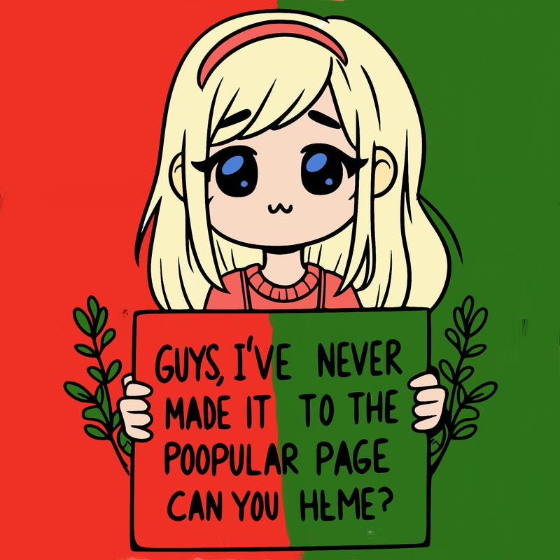 a girl holding up a sign that says, guys, i’ve never made it to the popular page, can you help me?