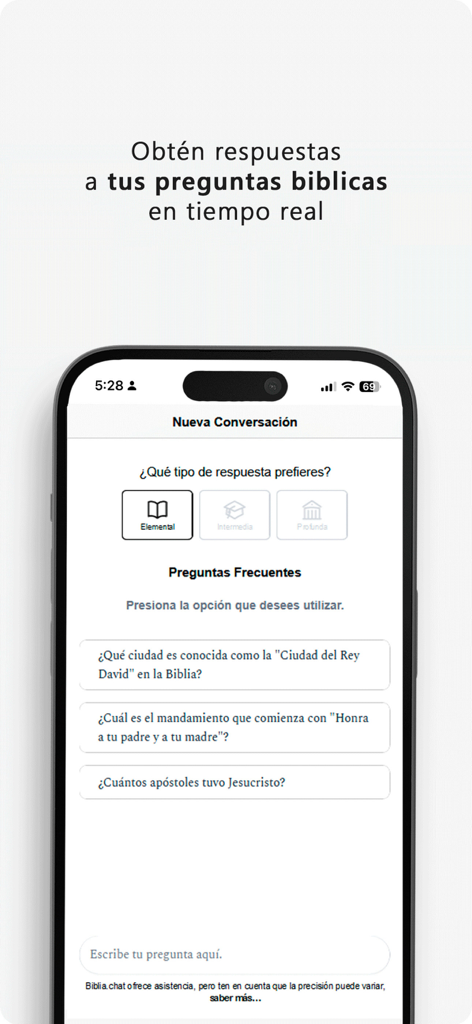 Biblia.chat: Read. Hear. Chat. - Interface do aplicativo Biblia.chat mostrando o assistente bíblico de IA com opções para escolher a profundidade da resposta e perguntas bíblicas comuns em espanhol