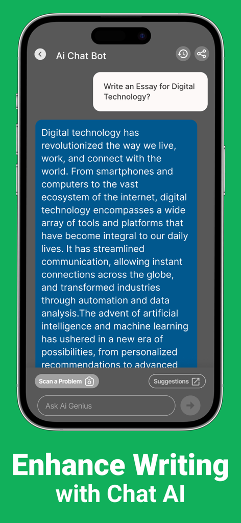 PhotoSolve: Answer Pic Solver - A smartphone displaying the PhotoSolve app AI chat bot interface generating an essay about digital technology for a student.