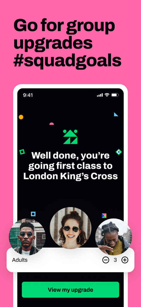 Seatfrog: Rail Journey Planner - A group upgrade confirmation screen in the Seatfrog app showing three travelers upgraded to first class for a trip to London