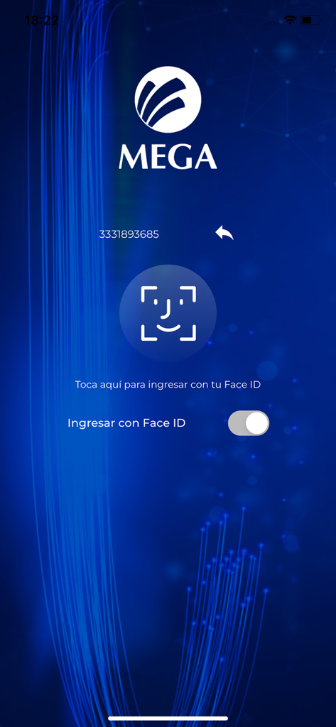 Megacable APP - Megacable 모바일 앱 로그인 화면, 파란색 배경에 Face ID 생체 인식 인증 옵션 및 브랜드 로고 포함.