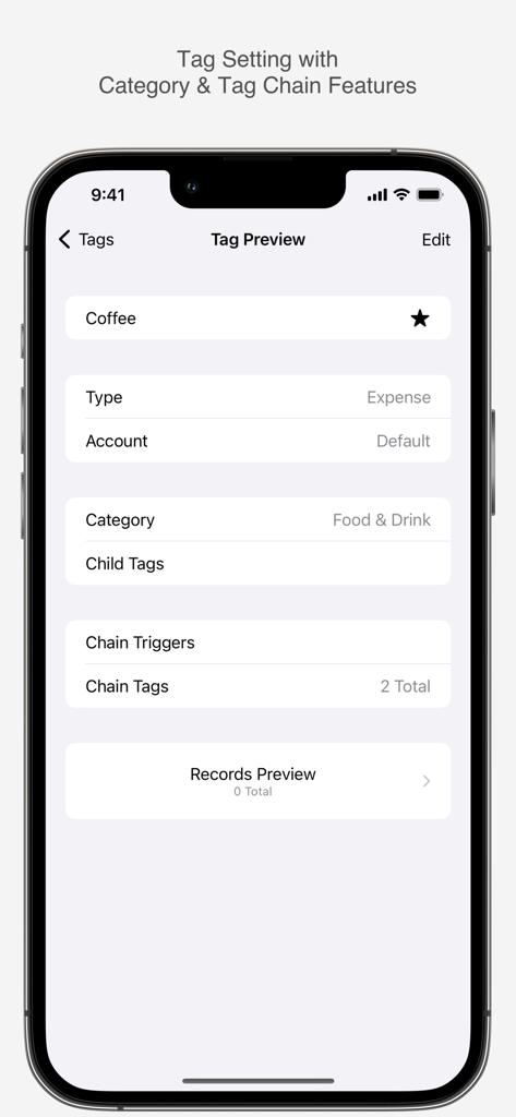 YeNom - YeNom app Tag Preview screen showing detailed settings for a coffee expense including category and tag chains